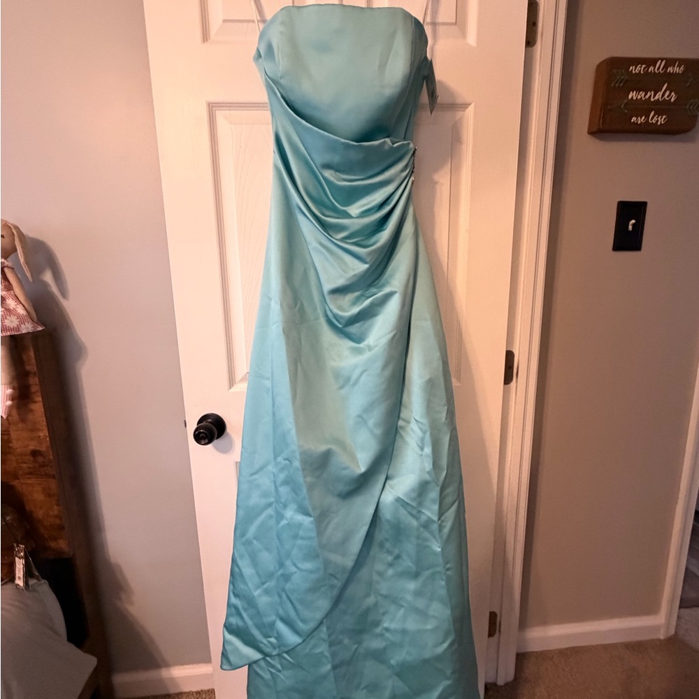 David's Bridal Strapless Light Aqua Satin Gown